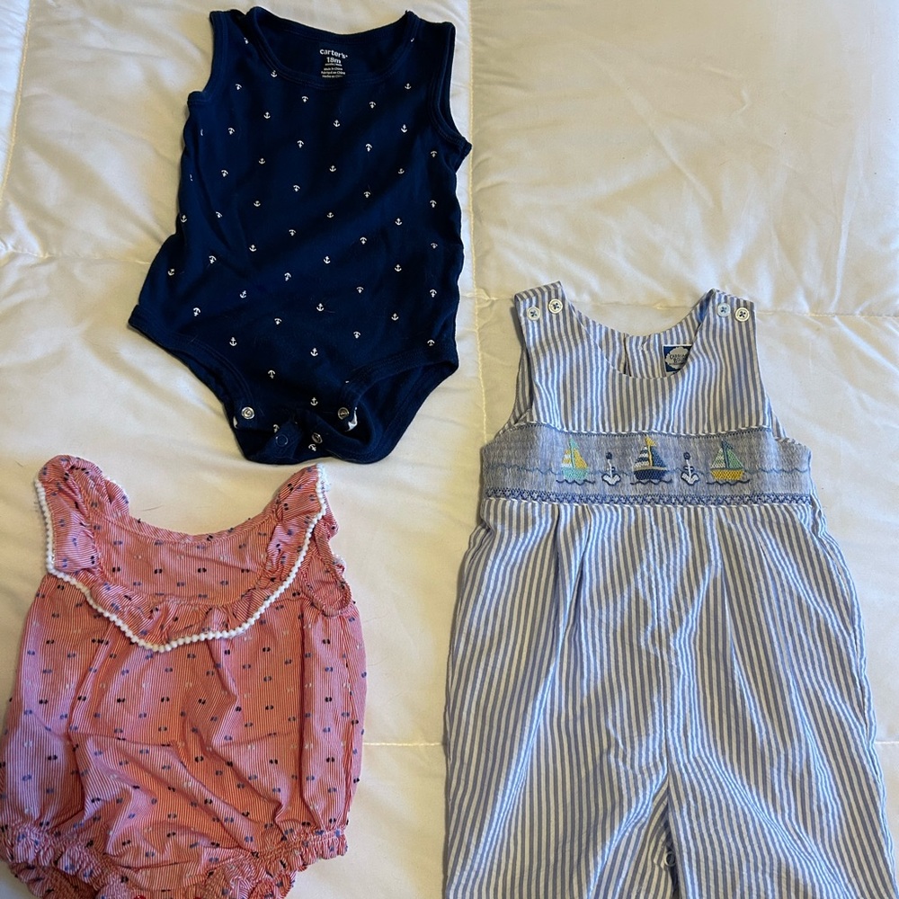 Navy, Pink, and Striped Baby Rompers Set